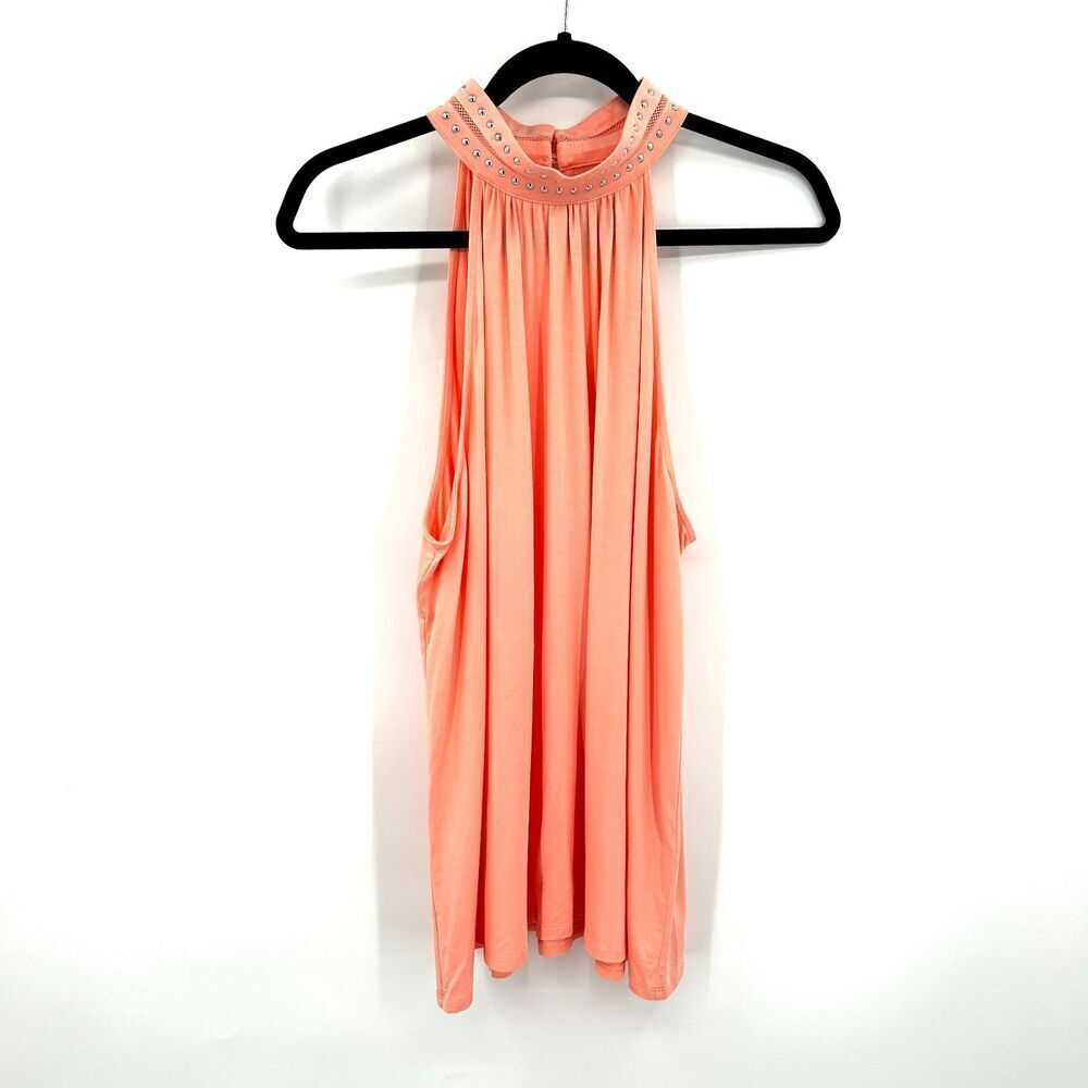 INC INTERNATIONAL CONCEPTS Peach Orange Silver Embellished High Neck Blouse XL